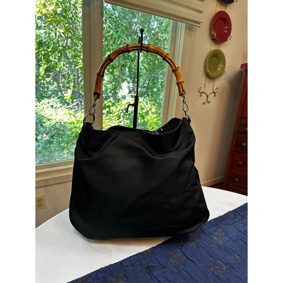 Gucci Black Nylon & Patent Leather Shoulder Bag w/ Bamboo Handle - Picture 5 of 16